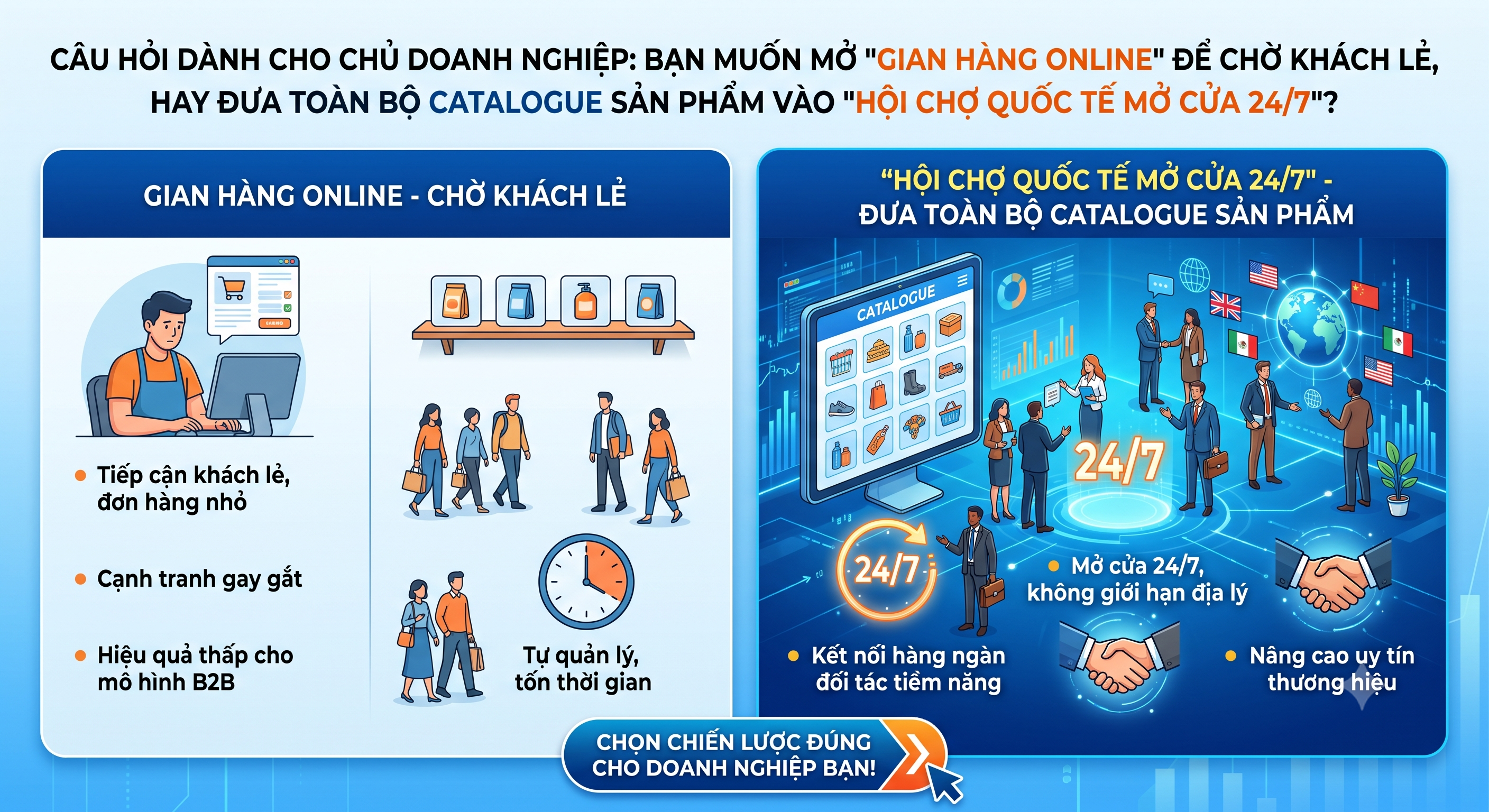 CÂU HỎI DÀNH CHO CHỦ DOANH NGHIỆP: BẠN MUỐN MỞ “GIAN HÀNG ONLINE” ĐỂ CHỜ KHÁCH LẺ, HAY ĐƯA TOÀN BỘ CATALOGUE SẢN PHẨM VÀO “HỘI CHỢ QUỐC TẾ MỞ CỬA 24/7