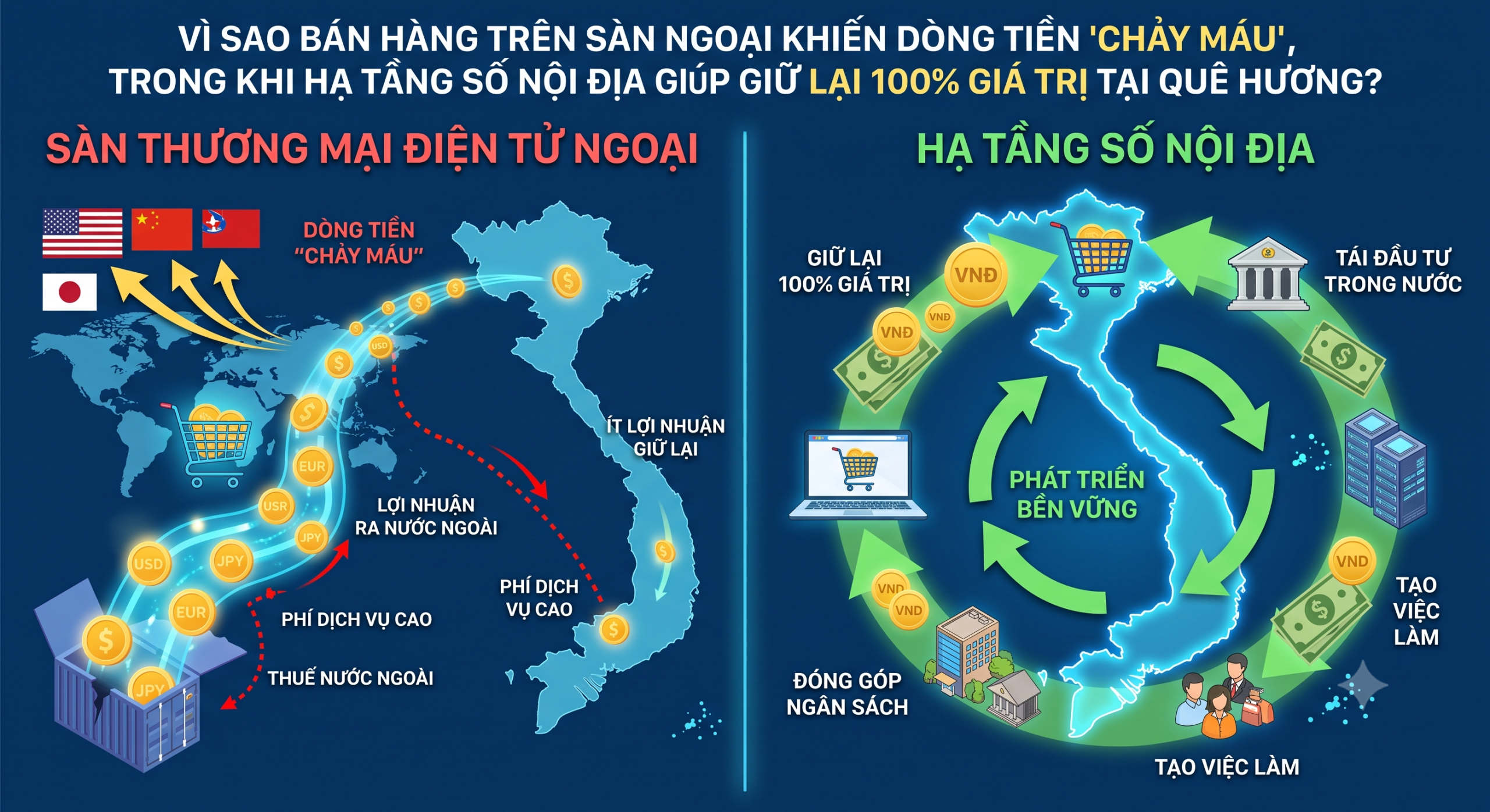 VÌ SAO BÁN HÀNG TRÊN SÀN NGOẠI KHIẾN DÒNG TIỀN “CHẢY MÁU”, TRONG KHI HẠ TẦNG SỐ NỘI ĐỊA GIÚP GIỮ LẠI 100% GIÁ TRỊ TẠI QUÊ HƯƠNG?